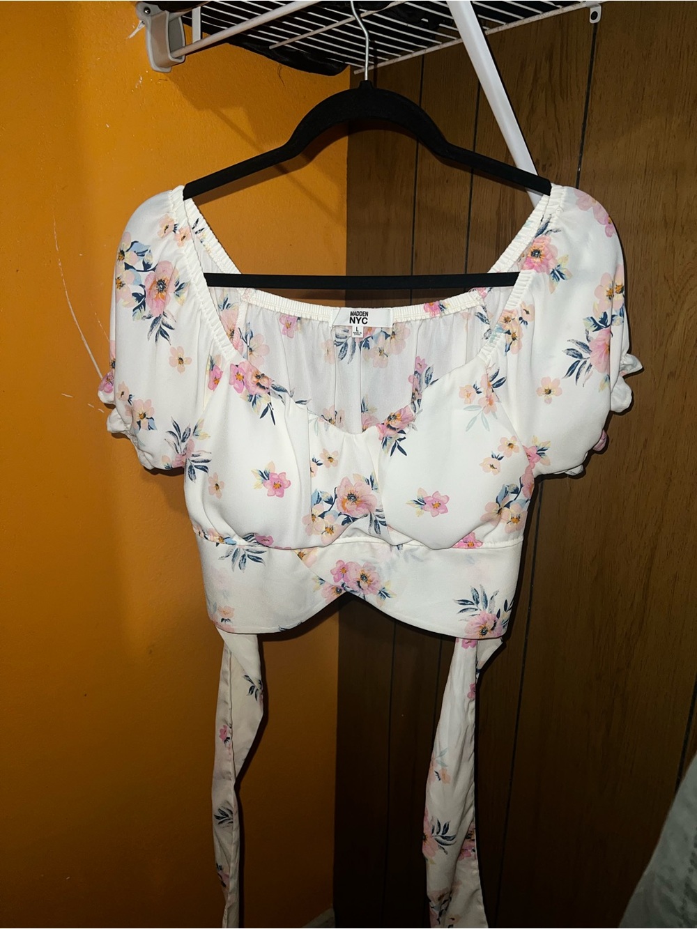 NYC White Floral Tie-Back Crop Top with Pink Blossoms